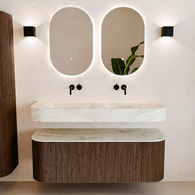 MONDIAZ THOR-DLUX 130cm badmeubel ronding links + rechts kleur Walnut met 1 lade en 2 deuren. Vrijhangende wastafel CLOUD Dubbel zonder kraangat kleur Ostra.