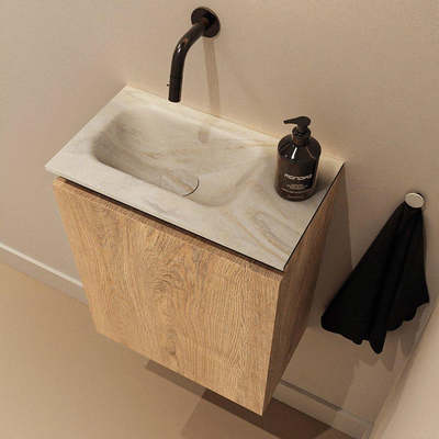 MONDIAZ TURE-DLUX Meuble de toilettes 40 cm Washed Oak. Lavabo EDEN Ostra position gauche. Sans trou de robinet.