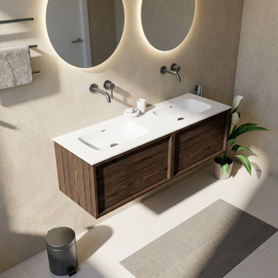 Saniclass Holz Frame Ensemble de meubles de salle de bains - 140x45x41.5cm - lavabo Flow en solid surface blanc - 2 vasques - sans trous de robinetterie - 2 tiroirs - chêne charcoal mat (bois)