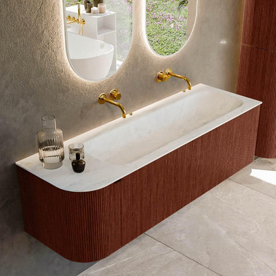 Mondiaz KURVE-DLUX Badkamermeubelset - 145x46x40cm - 1 lade - 1 deur - wastafel solid surface - rechts - zonder kraangat - Ruby