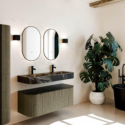 MONDIAZ THOR-DLUX 120cm meuble de salle de bains arrondi gauche + droite couleur Shadow avec 1 tiroir et 2 portes. Vasque suspendue CLOUD Double 2 trous de robinet couleur Lava.