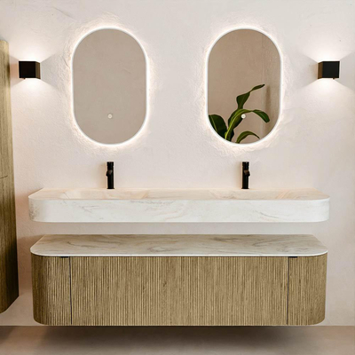 MONDIAZ THOR-DLUX 170cm meuble de salle de bains arrondi gauche + droite couleur Dusk avec 1 tiroir et 2 portes. Vasque suspendue CLOUD Double 2 trous de robinet couleur Ostra.