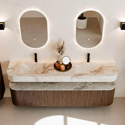 MONDIAZ THOR-DLUX Meuble de salle de bains - 190cm - arrondi gauche + droite - couleur Walnut - 2 tiroirs et 2 portes - Vasque suspendue CLOUD Double 2 trous de robinet - couleur Frappe