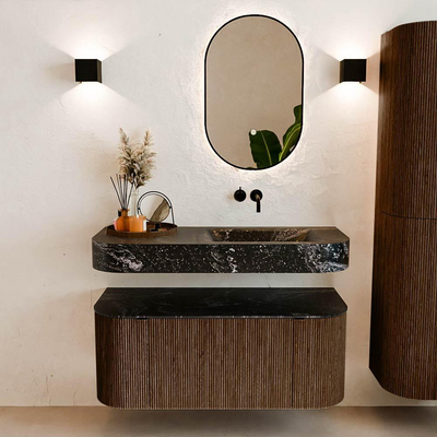 MONDIAZ THOR-DLUX 110cm badmeubel ronding links + rechts kleur Walnut met 1 lade en 2 deuren. Vrijhangende wastafel CLOUD Rechts zonder kraangat kleur Lava.