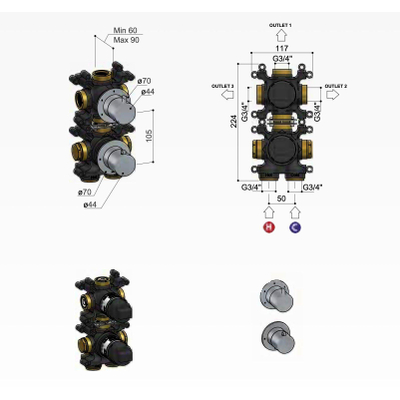 Hotbath élément encastré - pour mitigeur thermostatique encastré avec inverseur-arrêt 3 voies