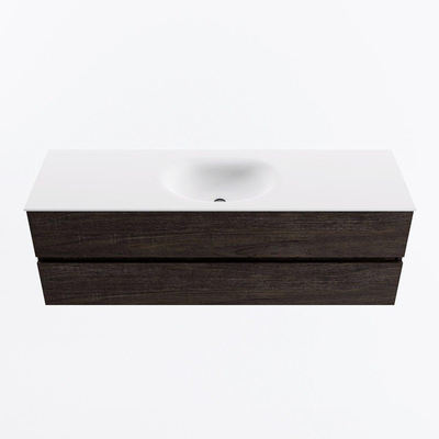 Mondiaz VICA Ensemble de meuble de salle de bain - 150cm - meuble sous-vasque marron foncé - 2 tiroirs - lavabo moon milieu - 1 trou de robinet - version haute de 60cm - talc