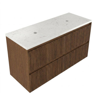 Saniclass Holz Atelier Ensemble de meubles de salle de bains - 120x45x63cm - Plan vasque en marbre Dia poli (blanc) - sans trou de robinet - 2 tiroirs - walnut pure mat (bois)