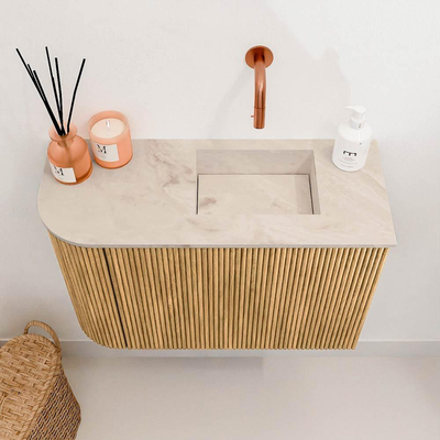 Mondiaz JOYA-DLUX 61.6cm meuble de toilette - arrondi gauche couleur Chêne - Vasque FAYE position Droite Sans trou de robinet couleur Frappe.