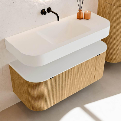 MONDIAZ THOR Meuble de salle de bains 110cm arrondi gauche + droite couleur Oak avec 1 tiroir et 2 portes. Vasque suspendue CLOUD Milieu sans trou de robinet couleur Talc.