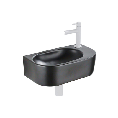 QeramiQ Fuente pack lave-mains – demi-rond – 40 x 21,5 x 12 cm – céramique noir mat – robinet blanc mat