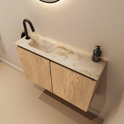 MONDIAZ TURE-DLUX Meuble toilette - 80cm - Washed Oak - EDEN - vasque Frappe - position gauche - 1 trou de robinet