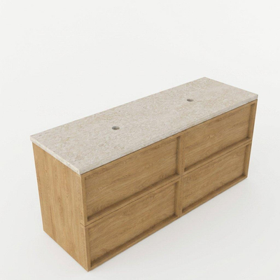 Saniclass Holz Frame Ensemble de meubles de salle de bains - 140x45x63cm - Plan en pierre naturelle travertin - sans trou de robinetterie - 4 tiroirs - chêne natural mat (bois)