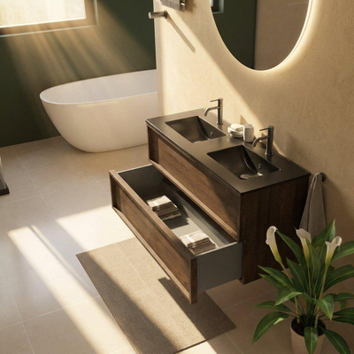 Saniclass Holz Frame Ensemble meuble de salle de bains - 120x45x62cm - Lavabo Vygo en céramique noir - 2 vasques - 2 trous de robinet - 2 tiroirs - chêne charcoal mat (bois)