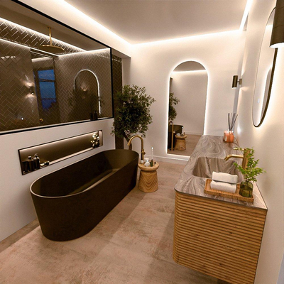 Mondiaz CIRO-DLUX Badkamermeubelset - 190x45x50cm - Solid surface wastafel Sombra - 1 wasbak Rechts - 1 kraangat - 4 lades - Oak