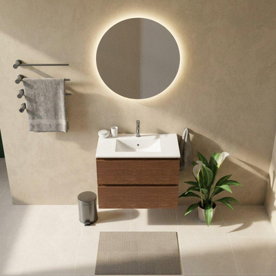 Saniclass Holz Pure Ensemble de meubles de salle de bains - 80x45x62cm - lavabo Vygo en céramique blanc - 1 vasque - 1 trou de robinet - 2 tiroirs - noyer pure mat (bois)