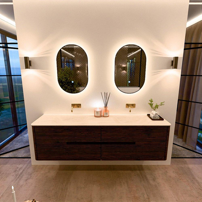 Mondiaz CIRO-DLUX Badkamermeubelset - 180x45x50cm - Solid surface wastafel Meli - 2 wasbak Dubbel - zonder kraangaten - 4 lades - Walnut