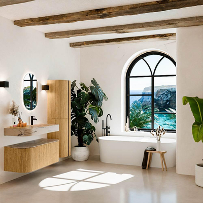 MONDIAZ THOR-DLUX Meuble de salle de bains 110cm arrondi gauche + droite couleur Oak avec 1 tiroir et 2 portes. Vasque suspendue CLOUD Droite 1 trou de robinet couleur Arena.