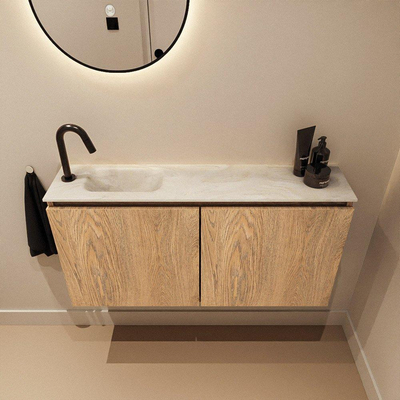 MONDIAZ TURE-DLUX Meuble toilette - 100cm - Washed Oak - EDEN - vasque Ostra - position gauche - 1 trou de robinet