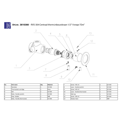 Best-Design RVS-304 Ore centraal thermostatische inbouwkraan 1/2 1 knops