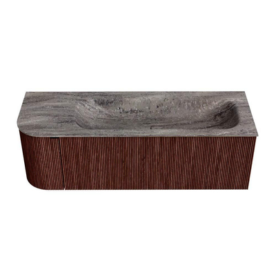 MONDIAZ KURVE-DLUX Meuble de salle de bains 135cm arrondi à gauche couleur Ruby avec 1 tiroir et 1 porte. Lavabo BIG MEDIUM à droite 1 trou de robinet Oza.