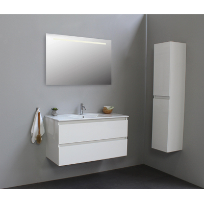 Basic Bella Meuble salle de bains avec lavabo céramique avec miroir et éclairage Blanc 100x55x46cm 1 trou de robinet Blanc brillant