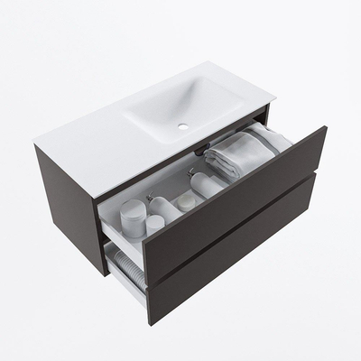 Mondiaz VICA ensemble de meuble de salle de bain - 100cm - meuble sous-vasque gris foncé - 2 tiroirs - lavabo cloud droite - sans trous de robinet - version haute de 60cm - talc