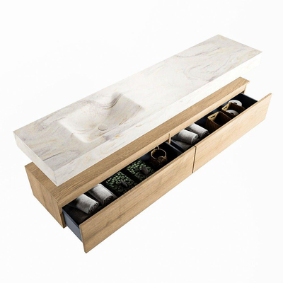 Mondiaz ALAN-DLUX Ensemble de meuble - 200cm - meuble Washed Oak mat - 2 tiroirs - Lavabo Cloud Ostra suspendu - vasque Gauche - 1 trou de robinet