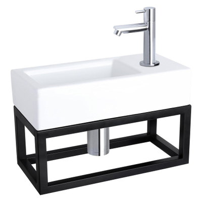 Differnz Ravo fonteinset - 38.5x18.5x25cm - Rechthoek - 1 kraangat - Recht chromen kraan - met zwart frame - Keramiek Wit