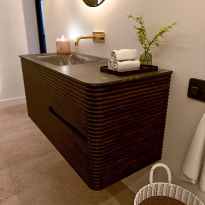 Mondiaz CIRO-DLUX Meuble de salle de bains - 110x45x50cm - Vasque en solid surface Lava - 1 lavabo à gauche - sans trous de robinetterie - 2 tiroirs - Noyer