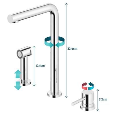 Hotbath Fellow mitigeur de cuisine trois trous avec bec orientable et douchette extractible nickel brossé