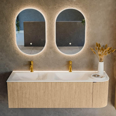 MONDIAZ KURVE meuble de salle de bains 145 cm avec module 25 R couleur Chêne avec 1 tiroir et 1 porte. Lavabo CLOUD double / gauche 2 trous de robinet Talc.