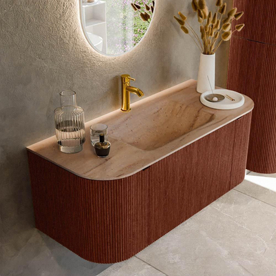 MONDIAZ KURVE-DLUX 110cm badmeubel ronding Links + Rechts kleur Ruby met 1 lade en 2 deuren. Wastafel CLOUD Midden 1 kraangat Saba.