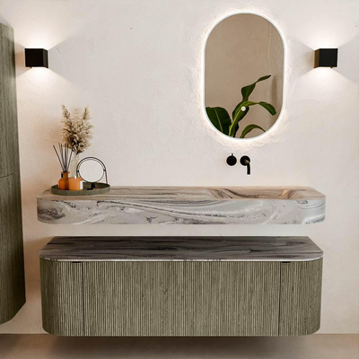 MONDIAZ THOR-DLUX 150cm meuble de salle de bains arrondi gauche + droite couleur Shadow avec 1 tiroir et 2 portes. Vasque suspendue CLOUD droite sans trou de robinet couleur Sombra.