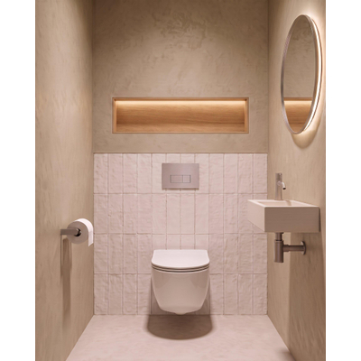 QeramiQ Dely Swirl Toiletset - 36.3x51.7cm - Geberit UP320 inbouwreservoir - met Burda frame - slimzitting - bedieningsplaat licht grijs - rechthoekige knoppen - glans wit