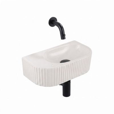 QeramiQ Fuente Fontein - 40x22x12cm - ribbel - halfrond - zonder fonteinkraangat - keramiek - fonteinkraan mat zwart - verlaagd sifon - afvoerplug - linnen