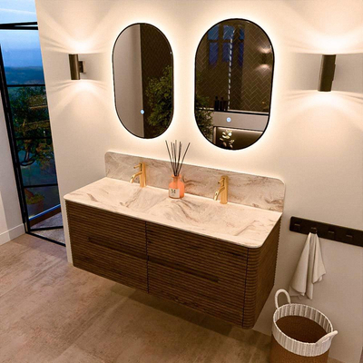 Mondiaz CIRO-DLUX Badkamermeubelset - 130x45x50cm - Solid surface wastafel Frappe - 2 wasbak Dubbel - 2 kraangaten - 4 lades - Dusk