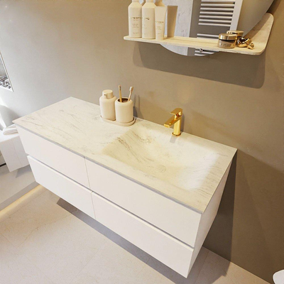 Mondiaz VICA-DLUX ensemble de meuble de salle de bain - 120cm - meuble sous lavabo talc - 4 tiroirs - lavabo encastré cloud droite - 1 trou de robinet - version haute de 60cm - opalo