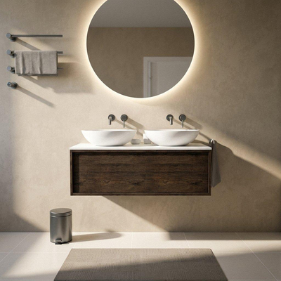 Saniclass Holz Frame Ensemble de meubles de salle de bains - 120x45x42.5cm - plan de travail Torino en solid surface blanc - sans trou de robinetterie - 1 tiroir - chêne charcoal mat (bois)