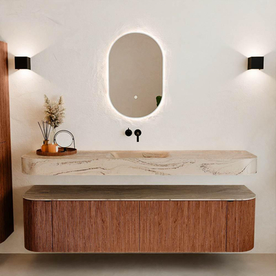 MONDIAZ THOR-DLUX 180cm meuble de salle de bains arrondi gauche + droite couleur Ruby avec 2 tiroirs et 2 portes. Vasque suspendue CLOUD Milieu sans trou de robinet couleur Arena.