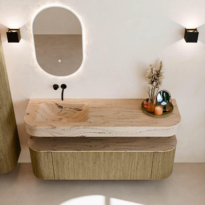 MONDIAZ THOR-DLUX 150cm meuble de salle de bains arrondi gauche + droite couleur Dusk avec 1 tiroir et 2 portes. Vasque suspendue CLOUD Gauche sans trou de robinet couleur Arena.