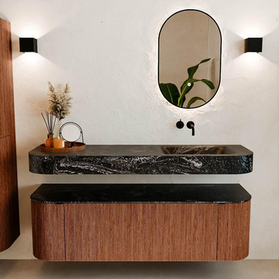 MONDIAZ THOR-DLUX 150cm meuble de salle de bains arrondi gauche + droite couleur Ruby avec 1 tiroir et 2 portes. Vasque suspendue CLOUD Droite sans trou de robinet couleur Lava.