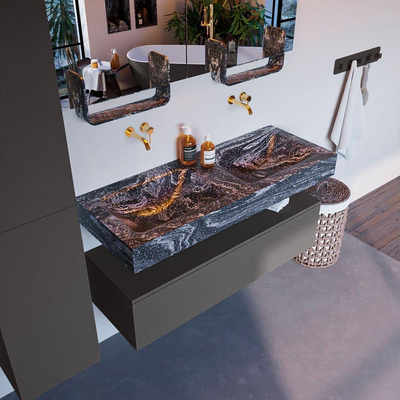 Mondiaz ALAN-DLUX Ensemble de meuble - 120cm - meuble Dark grey mat - 1 tiroir - Lavabo Cloud Lava suspendu - vasque Gauche et droite - 0 trous de robinet