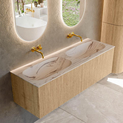 MONDIAZ KURVE-DLUX 140cm badmeubel kleur Oak met 2 lades en 0 deuren. Wastafel STOR SMALL Dubbel zonder kraangat Nata.