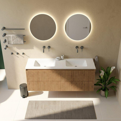 Saniclass Holz Atelier Ensemble meuble de salle de bains - 160x45x77.5cm - vasque Torino en solid surface blanc - sans trou de robinetterie - 4 tiroirs - chêne natural mat (bois)