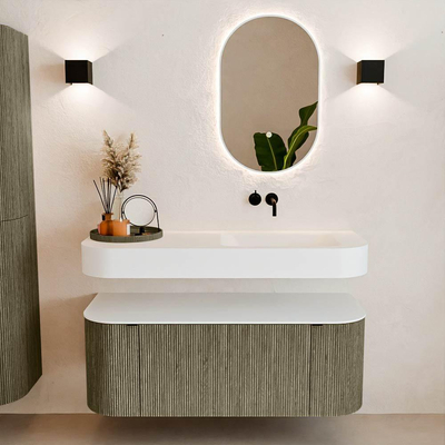 MONDIAZ THOR 120cm meuble de salle de bains arrondi gauche + droite couleur Shadow avec 1 tiroir et 2 portes. Vasque suspendue CLOUD Droite sans trou de robinet couleur Talc.