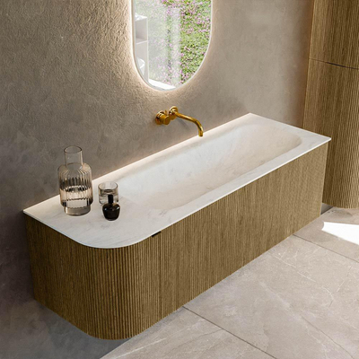 Mondiaz KURVE-DLUX Ensemble de meuble de salle de bains - 135x46x40cm - 1 tiroir - 1 porte - lavabo solid surface - droit - sans trou de robinet - Dusk