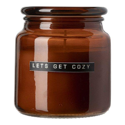 Wellmark Geurkaars Groot bruin glas Cedarwood tekst LETS GET COZY Black label showroommodel