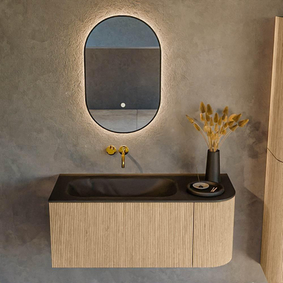 MONDIAZ KURVE 105cm Meuble salle de bain avec module 25 D - couleur Oak - 1 tiroir - 1 porte - vasque BIG SMALL gauche - sans trous de robinet - Urban