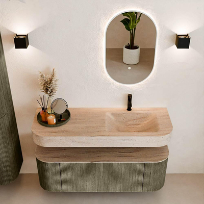 MONDIAZ THOR-DLUX Meuble de salle de bains 130cm arrondi gauche + droite couleur Shadow avec 1 tiroir et 2 portes. Vasque suspendue CLOUD Droite 1 trou de robinet couleur Saba.