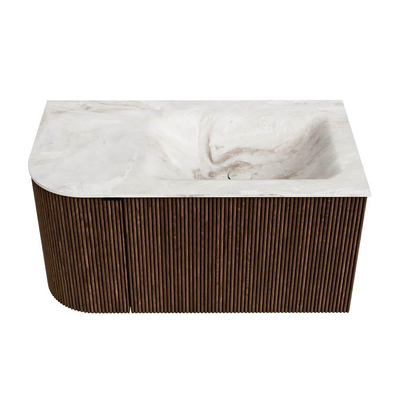 MONDIAZ KURVE-DLUX meuble de salle de bains 85 cm avec module 25 L couleur Walnut avec 1 tiroir et 1 porte. Vasque CLOUD droite sans trou de robinetterie couleur Frappe.